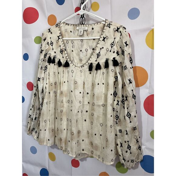NEW Rachel Zoe Boho Peasant Style Top Beiges & Black Tassels Size Small ❤️🌿 - Picture 8 of 11